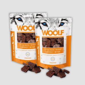 Bocaditos de pollo y zanahorias Woolf, perfectos para ofrecer como snack o como premio durante el adiestramiento. Sin conservantes, colorantes ni aditivos.