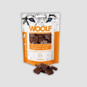 Bocaditos de pollo y zanahorias Woolf, perfectos para ofrecer como snack o como premio durante el adiestramiento. Sin conservantes, colorantes ni aditivos.